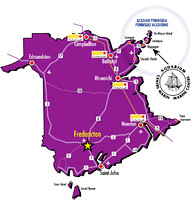 Map of New Brunswick highlighting the Acadian Peninsula